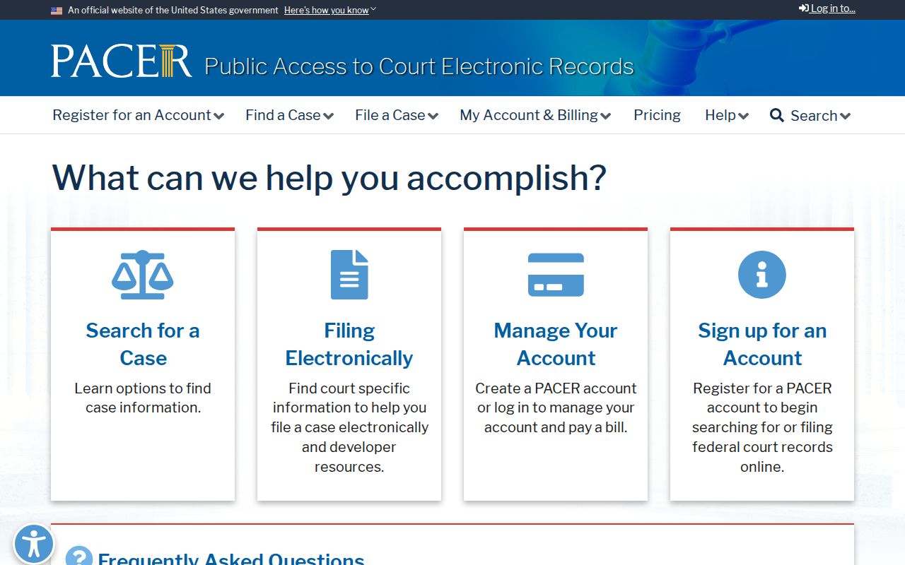 Official PACER federal court case access website
