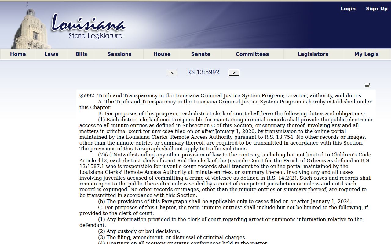 Louisiana statute requiring public electronic access to post-2020 criminal minute entries