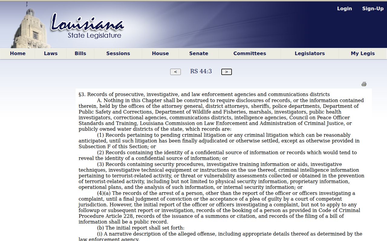 Official Louisiana law page for public initial and booking records