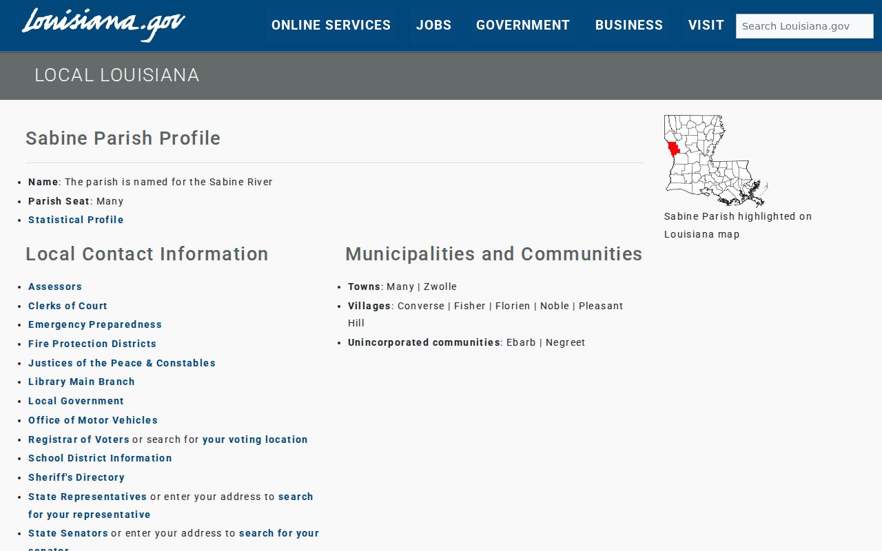 Official Louisiana government overview page for Sabine Parish