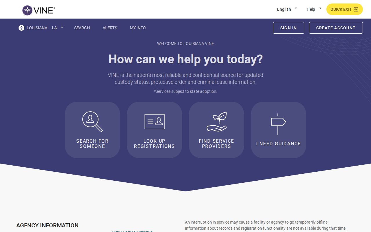 Louisiana VINE official custody search and notification page