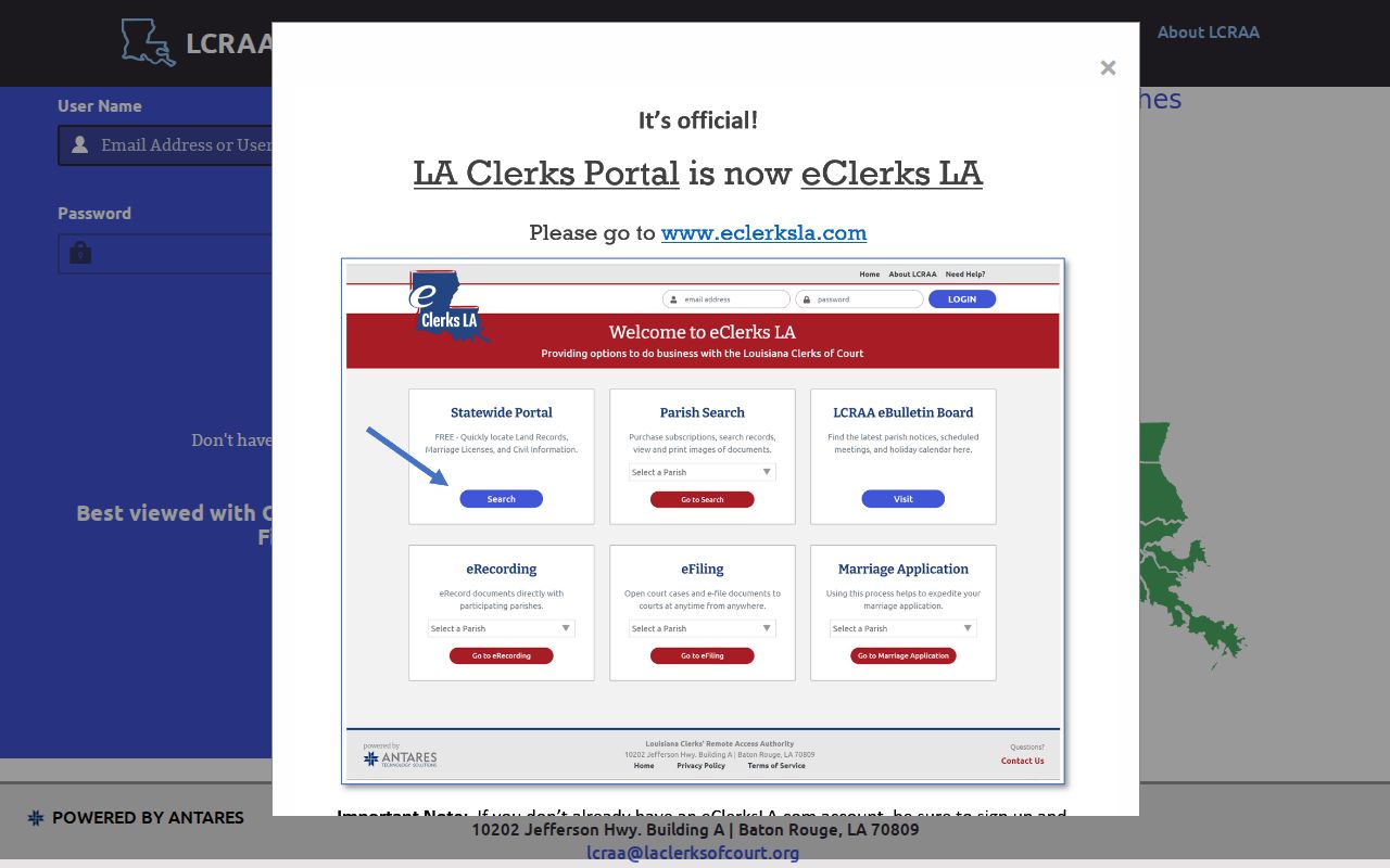 Louisiana Clerks Remote Access Authority portal for statewide criminal minute access