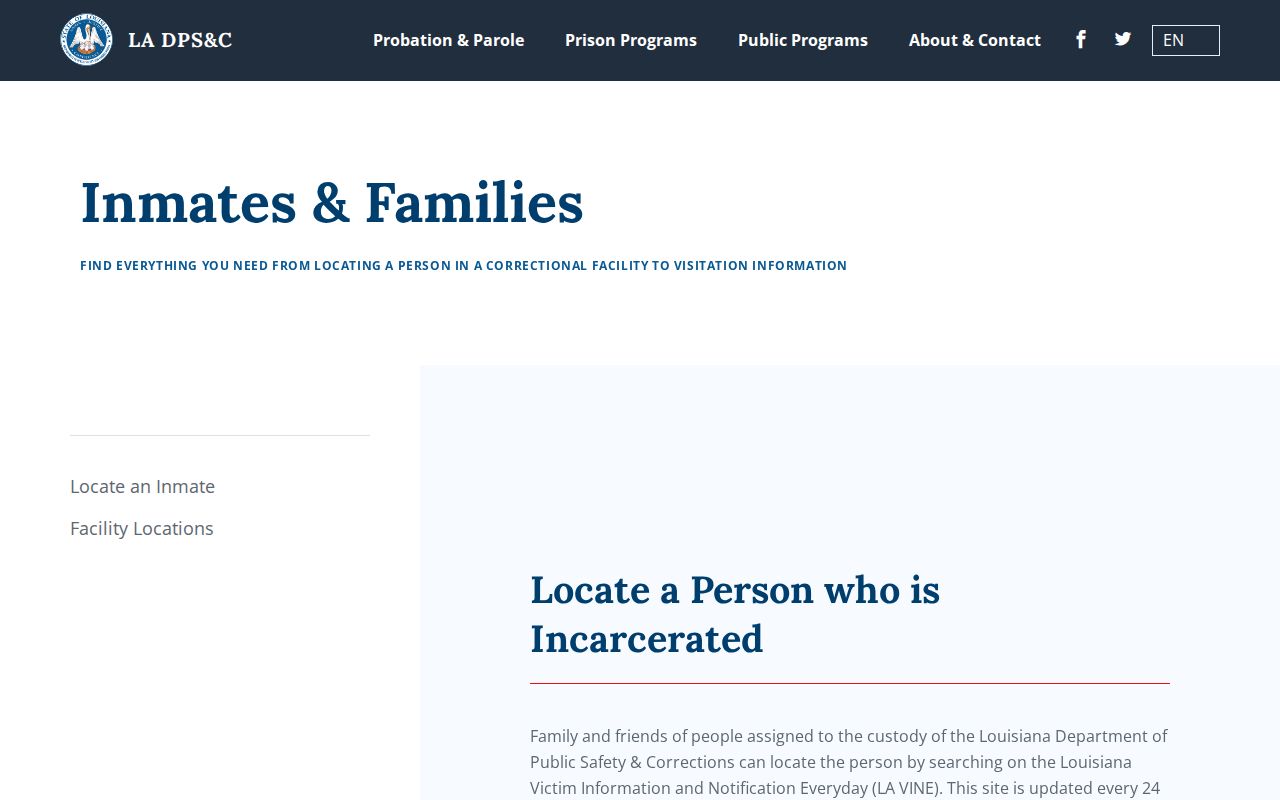 Louisiana corrections official imprisoned person locator instructions