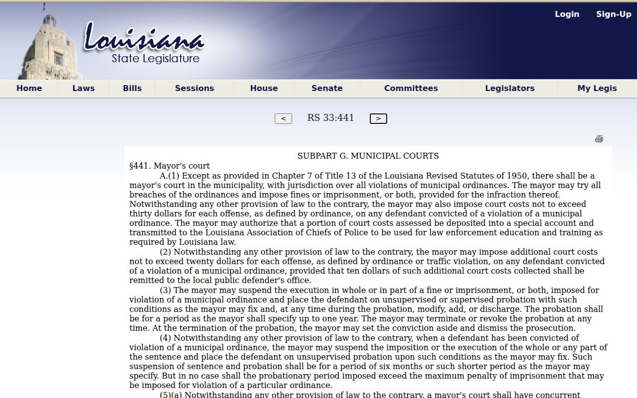 Zwolle criminal history and Louisiana Mayor's Court jurisdiction statute